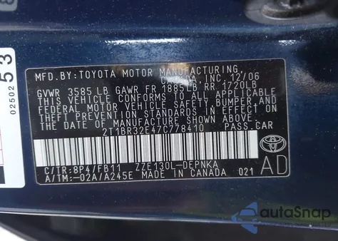 2007 Toyota Corolla Le z USA, uszkodzony, nr VIN 2T1BR32E47C778410